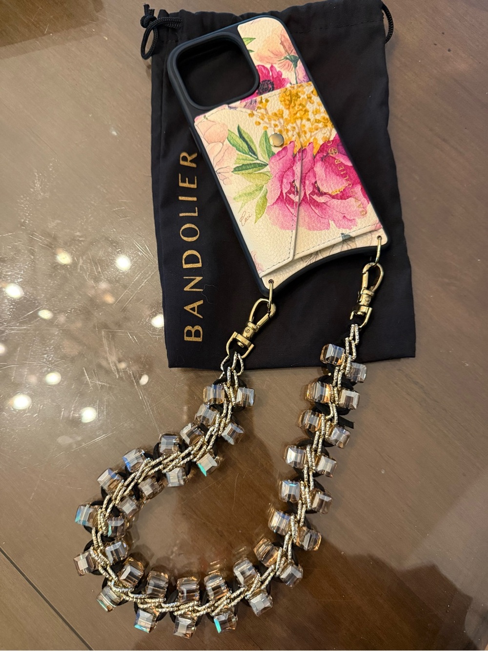 Bandolier Ceci Floral Leather Phone iPhone 16 pro case with Chrystal wristlet